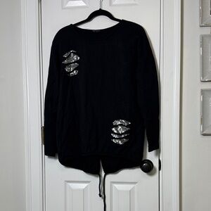 Bella Amore Italy Black Sequin Distressed Hi Lo Sweatshirt Tunic Top